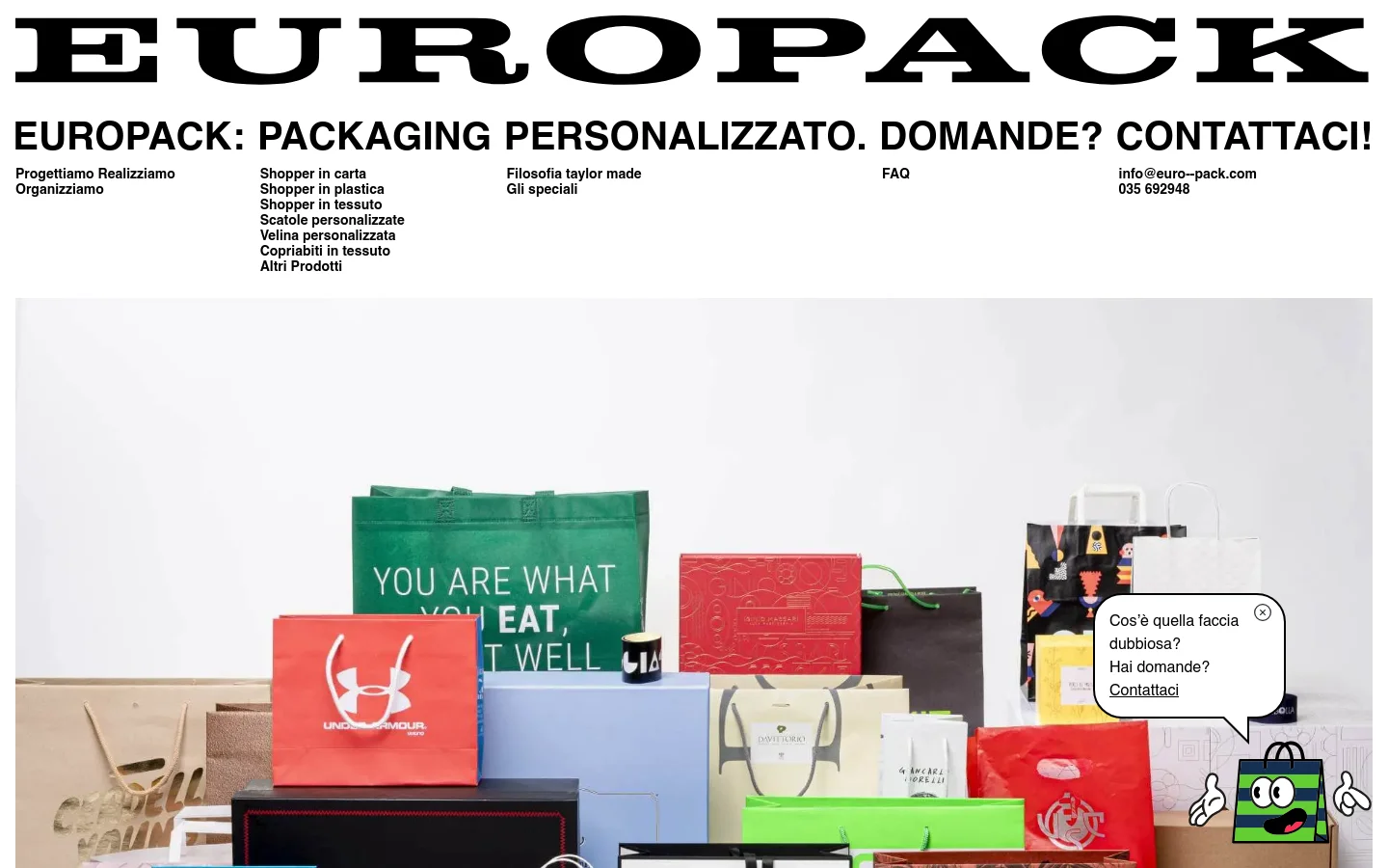 The desktop website for Euro-Pack features a clean, white background with a large hero image displaying a variety of colorful, branded shopping bags. The layout includes a top navigation menu with the company name and links like 'Progettiamo', 'Realizziamo', and 'Organizziamo', followed by descriptive text sections and a 'Scopri di più' call-to-action button.