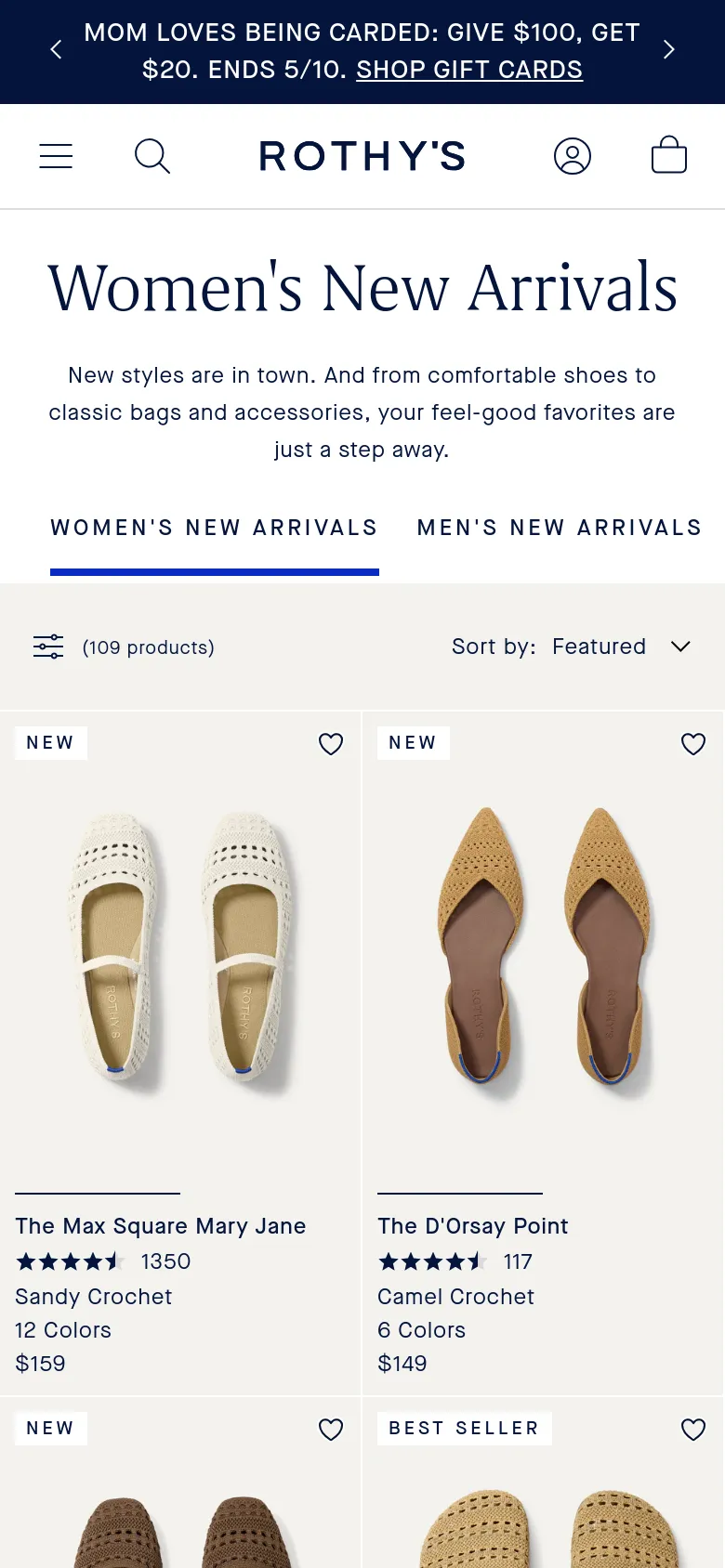The mobile version uses a condensed layout with a hamburger menu, search icon, and user profile icon in the header. The 'Women's New Arrivals' heading is prominent, followed by a single-column product feed that shows large images of shoes, their names, star ratings, color options, and prices. The navigation tabs for Women's and Men's arrivals are stacked or simplified for a smaller screen.