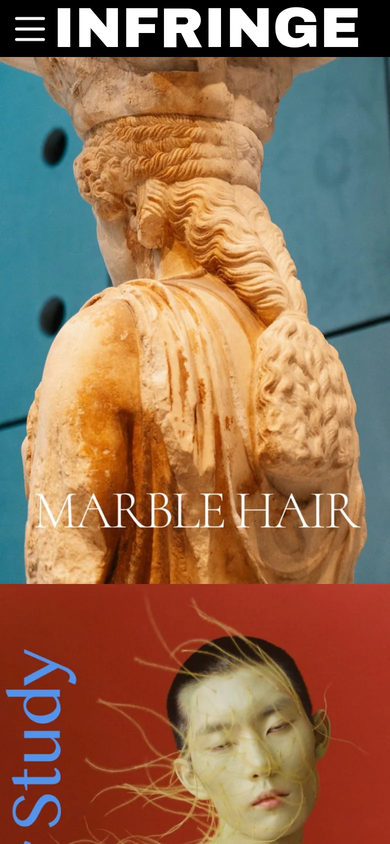 The mobile version presents a vertically stacked layout optimized for small screens. The 'INFRINGE' logo is prominent at the top next to a hamburger menu icon, followed by a full-width hero image of the marble statue with 'MARBLE HAIR' text. The content transitions into a single-column scroll of large, impactful images.