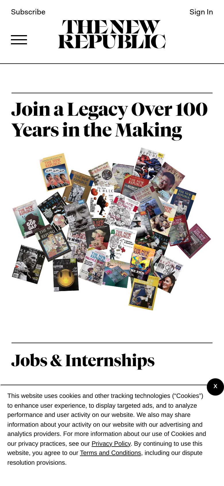 The mobile version presents a vertically stacked layout where the headline 'Join a Legacy Over 100 Years in the Making' appears above the magazine cover collage. The collage is centered and occupies the middle of the screen, followed by the 'Jobs & Internships' section below it. Navigation is condensed into a hamburger menu at the top left.