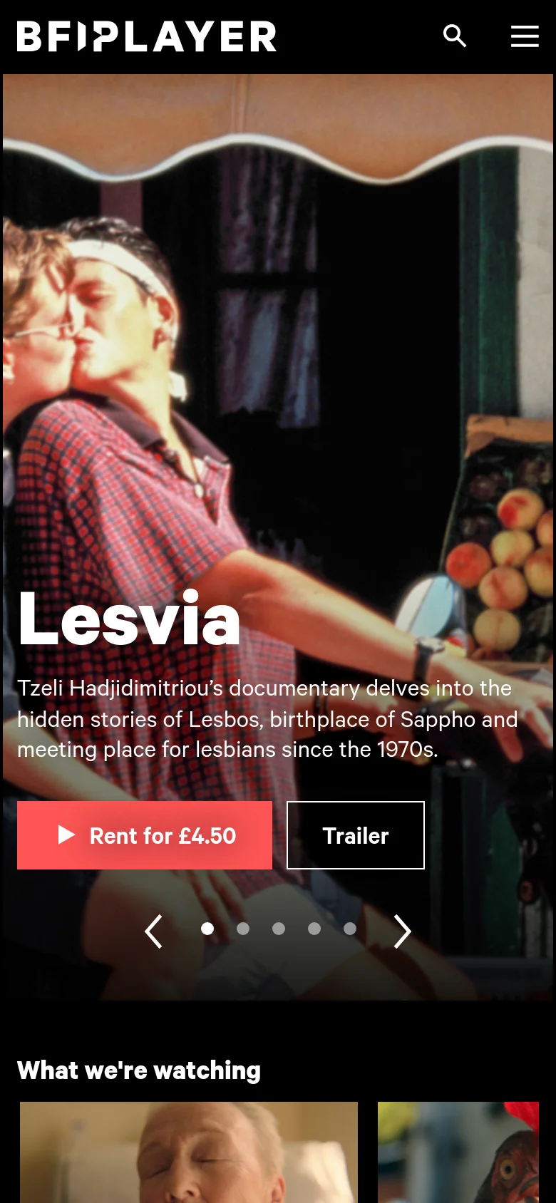 The mobile version presents a vertically stacked layout optimized for small screens. The hero image of the film 'Lesvia' fills the width of the screen, with the title, description, and call-to-action buttons positioned centrally over the image. The top navigation is replaced by a hamburger menu icon and a search icon.