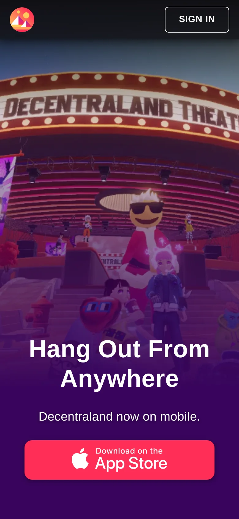 The mobile version shifts to a vertical layout with a full-screen background image of a virtual theater. The headline 'Hang Out From Anywhere' is centered above the text 'Decentraland now on mobile.', followed by a large, bright red 'Download on the App Store' button. The top navigation is simplified with a logo and a 'SIGN IN' button.