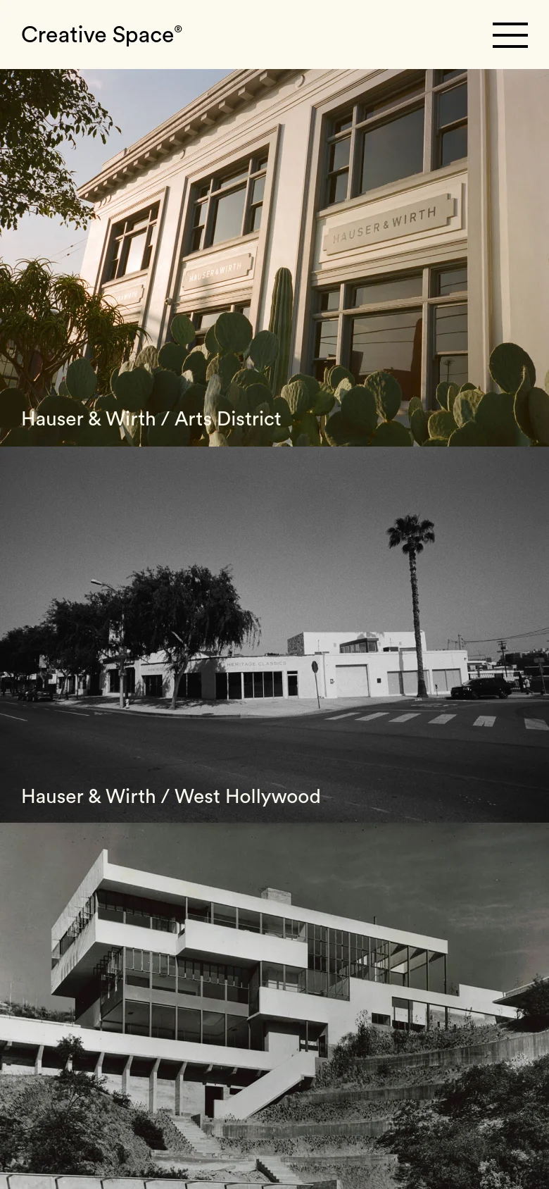 The mobile version maintains the minimalist aesthetic but utilizes a condensed layout. The top navigation is replaced by a hamburger menu icon, and the project gallery displays large, full-width images that stack vertically for easier scrolling on a smaller screen.
