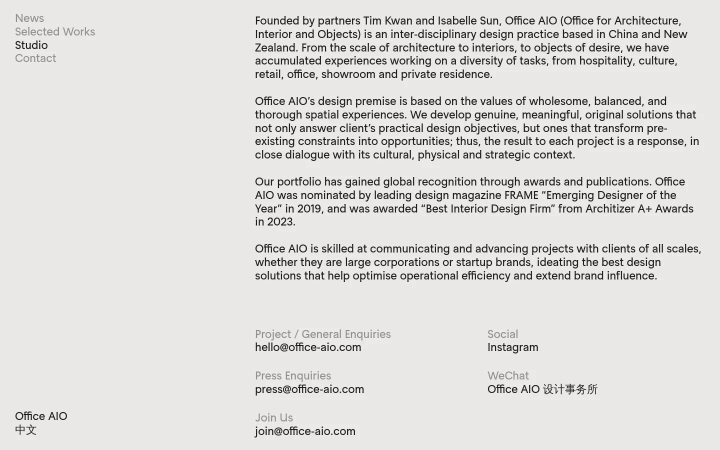 The Studio page features a minimalist, two-column layout on a light gray background with dark text. The left column contains a navigation menu with links for News, Selected Works, Studio, and Contact, while the right column displays several paragraphs of text describing the design practice. The bottom section is organized into multiple columns containing contact information, social links, and office locations.