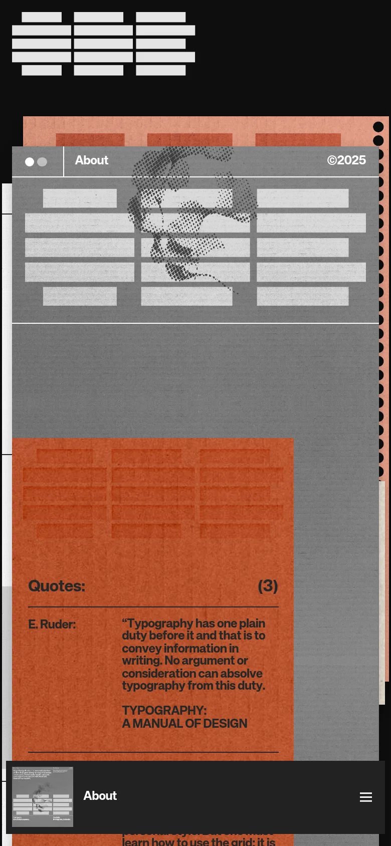 The mobile version presents a vertically stacked layout optimized for small screens, with text and imagery scaled down. The navigation is condensed into a hamburger menu icon, and the large decorative elements and book grids transition into a single-column scrolling format. The high-contrast typography and terracotta accents remain consistent with the desktop design.