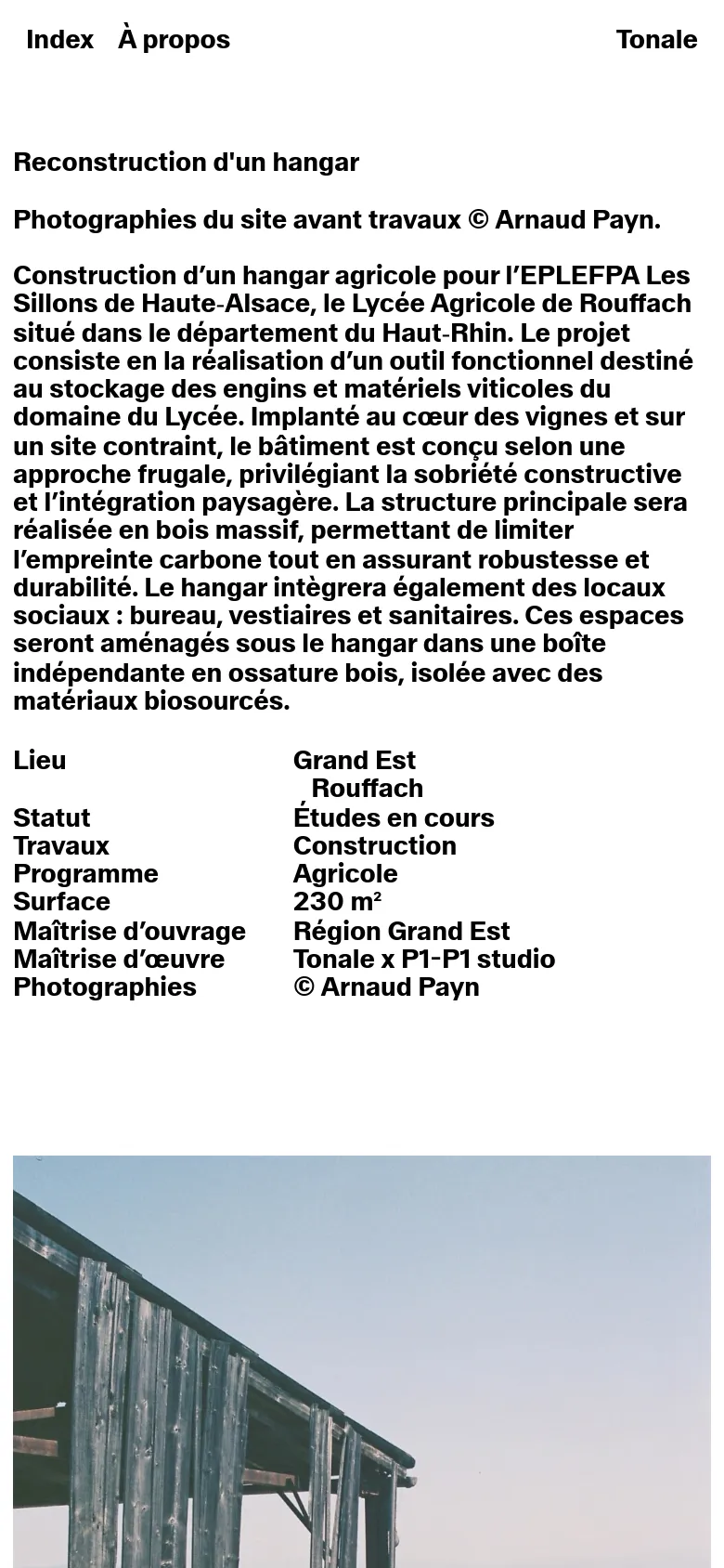 The mobile version presents a single-column vertical layout, stacking the large landscape image above the project text and details. The navigation menu is condensed, and the text spans the full width of the screen for easier reading on smaller devices.