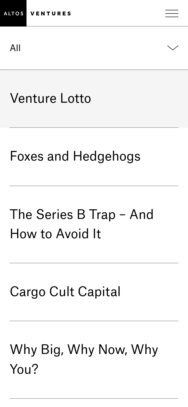 The mobile version features a single-column vertical layout with a clean white background. The top contains the Altos Ventures logo and a hamburger menu icon, followed by a large 'All' dropdown selector and a simplified list of blog post titles stacked vertically.