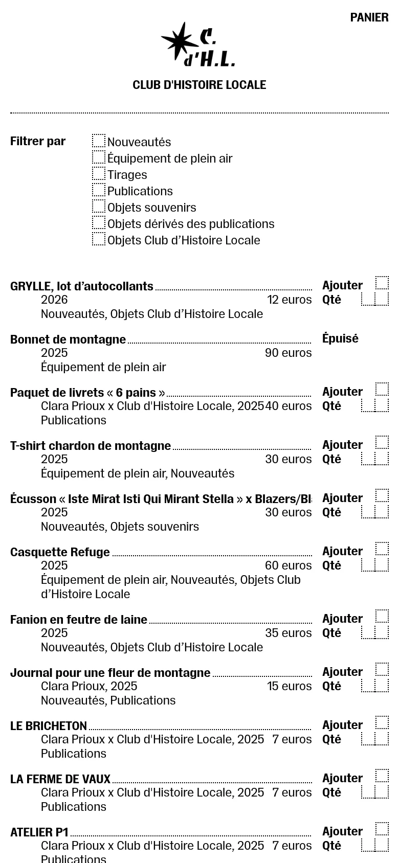 The mobile version presents a simplified, single-column vertical layout optimized for scrolling. The logo and navigation filters are stacked at the top, followed by the hero image and introductory text. The product list follows, with each item's name, description, and price spanning the width of the screen, and the 'Add to Cart' controls positioned clearly below each entry.