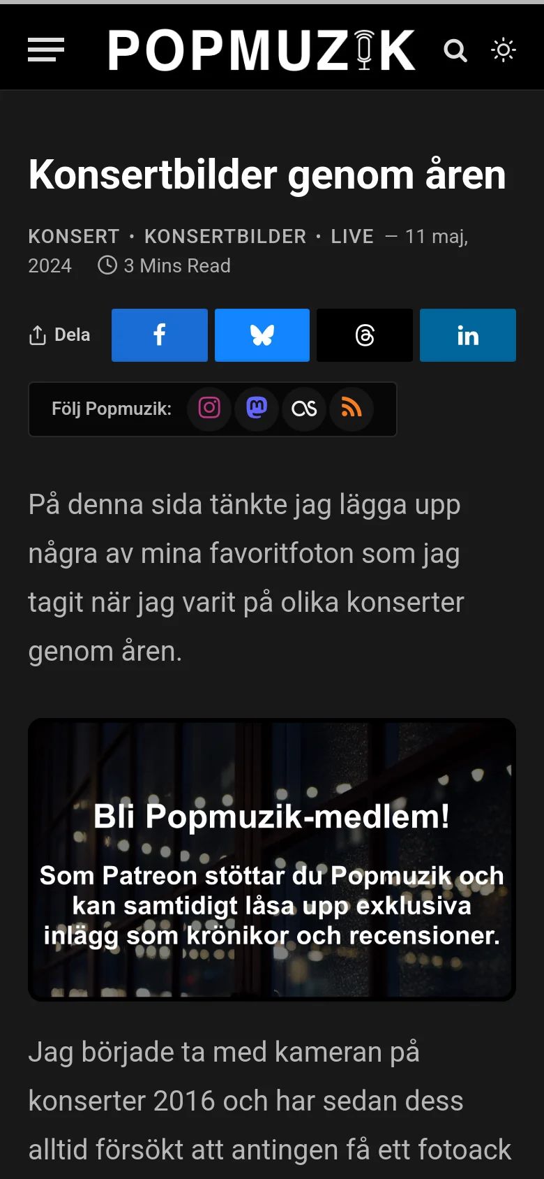 The mobile version presents a condensed view with a hamburger menu and a smaller 'POPMUZIK' logo at the top. The layout is vertically stacked, showing the headline, metadata, social sharing icons, and the Patreon promotional banner, followed by the article text and images in a single column.