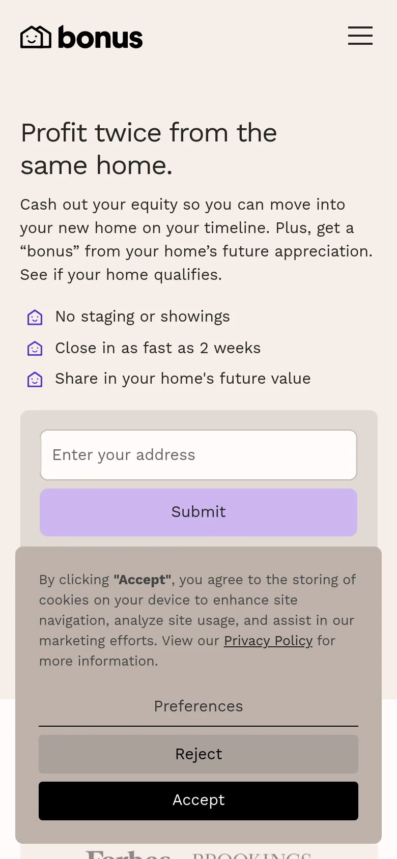 The mobile version uses a single-column vertical layout, stacking the headline, benefits list, and address input field on a light gray background. The hero image of the house is removed from the initial view to prioritize the text and 'Submit' call to action. A hamburger menu replaces the desktop navigation bar at the top.