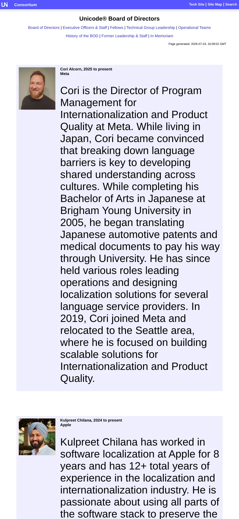 The mobile version maintains the white background and centered text layout but uses a single-column vertical stack. The profile sections are more compact, with the headshot appearing above or slightly to the side of the text to accommodate the narrower screen width.
