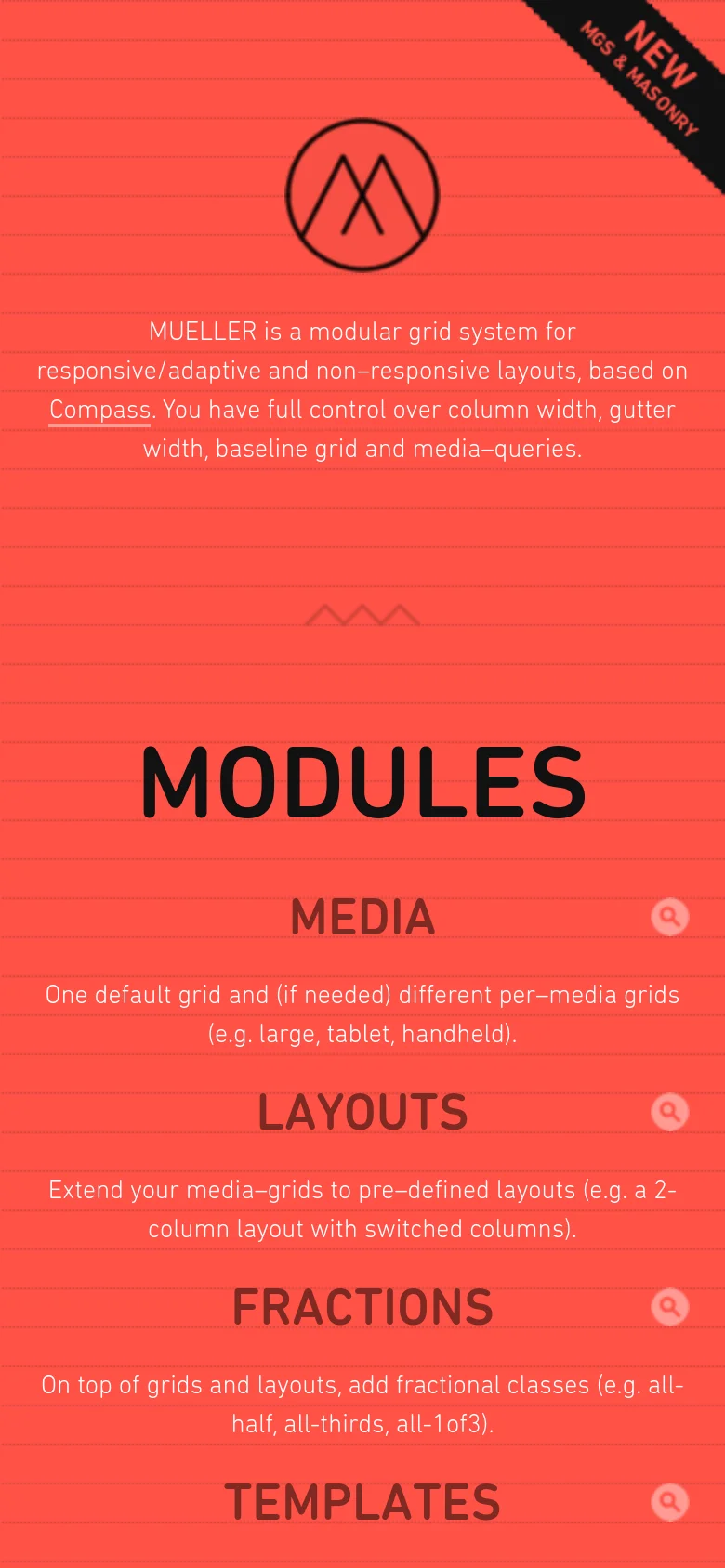 The mobile version uses the same red grid background but transitions to a vertical single-column layout. The 'MODULES' section is stacked, with each category—Media, Layouts, Fractions, and Templates—appearing as a full-width row with its description underneath, making the content easier to scroll through on a small screen.