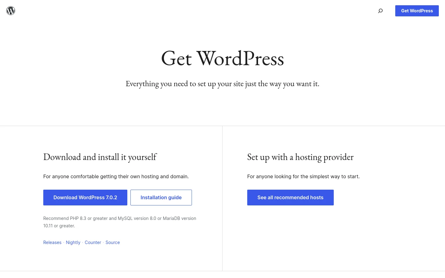 The desktop page features a clean, white background with centered serif typography. A large 'Get WordPress' headline is followed by two side-by-side sections: 'Download and install it yourself' with a blue download button and 'Set up with a hosting provider' with a blue button to see recommended hosts.