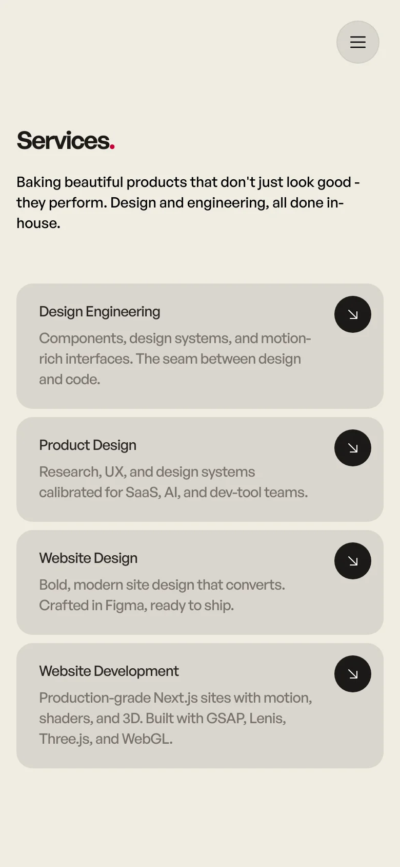 The mobile version maintains the light beige color scheme and minimalist aesthetic but uses a vertical layout. The navigation bar is replaced by a circular hamburger menu icon in the top right, and the service cards are stacked vertically to fit the narrow screen width.