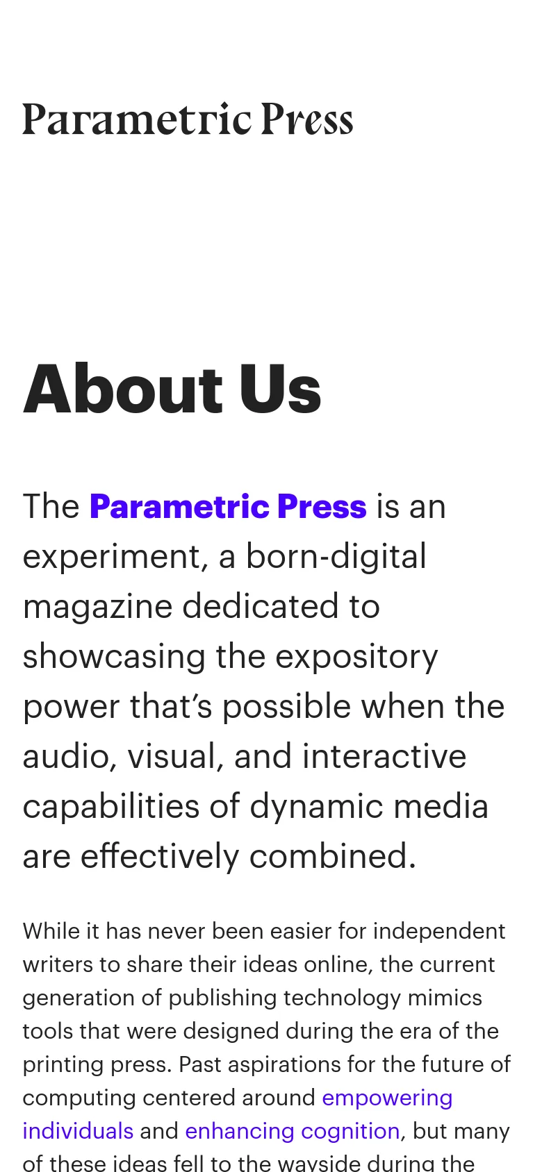 The mobile version presents a single-column, vertically stacked layout optimized for small screens. The 'Parametric Press' logo and 'About Us' headline are prominently centered at the top, with the body text flowing in a narrow, readable column below.