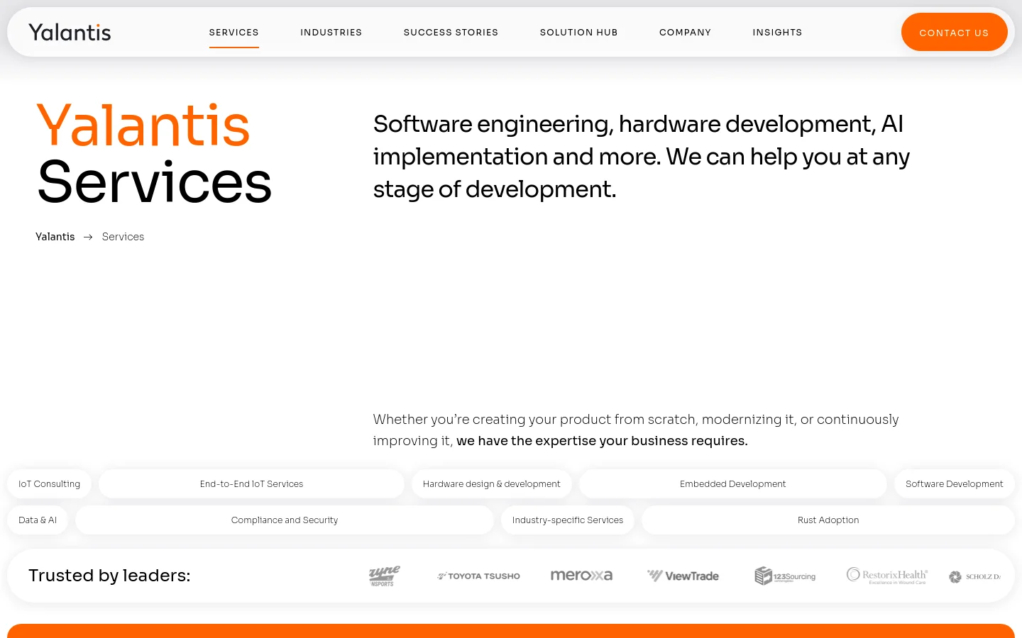 The desktop Services page features a clean white background with large, bold black and orange typography. The hero section displays the headline 'Yalantis Services' alongside a description of engineering capabilities, followed by a grid of rounded white buttons for various service categories like IoT Consulting and Software Development. A 'Trusted by leaders' section at the bottom displays several grayscale company logos.