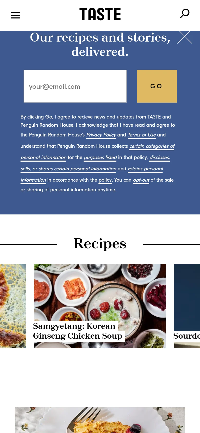 The mobile version simplifies the layout, showing the newsletter signup banner at the top followed by the 'Recipes' heading. The food recipe grid is condensed into a single-column vertical scroll, featuring large images with text overlays like 'Samgyetang: Korean Ginseng Chicken Soup'. A hamburger menu and search icon are used for navigation instead of the full desktop menu.