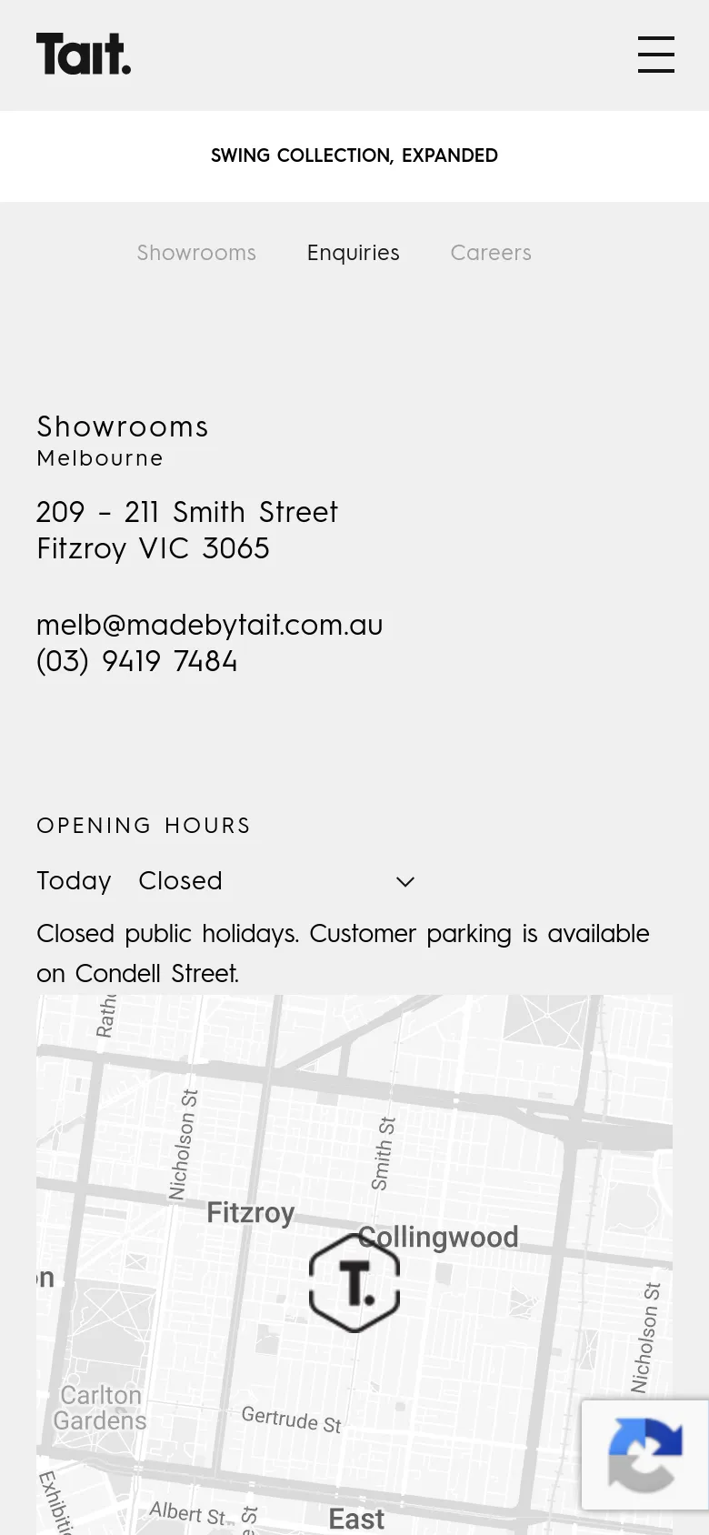 The mobile version uses a single-column layout where the showroom contact details and opening hours are stacked vertically above the Google Map. The desktop navigation is replaced by a hamburger menu icon in the top right, and the sub-navigation links for Showrooms, Enquiries, and Careers are centered below the main header.
