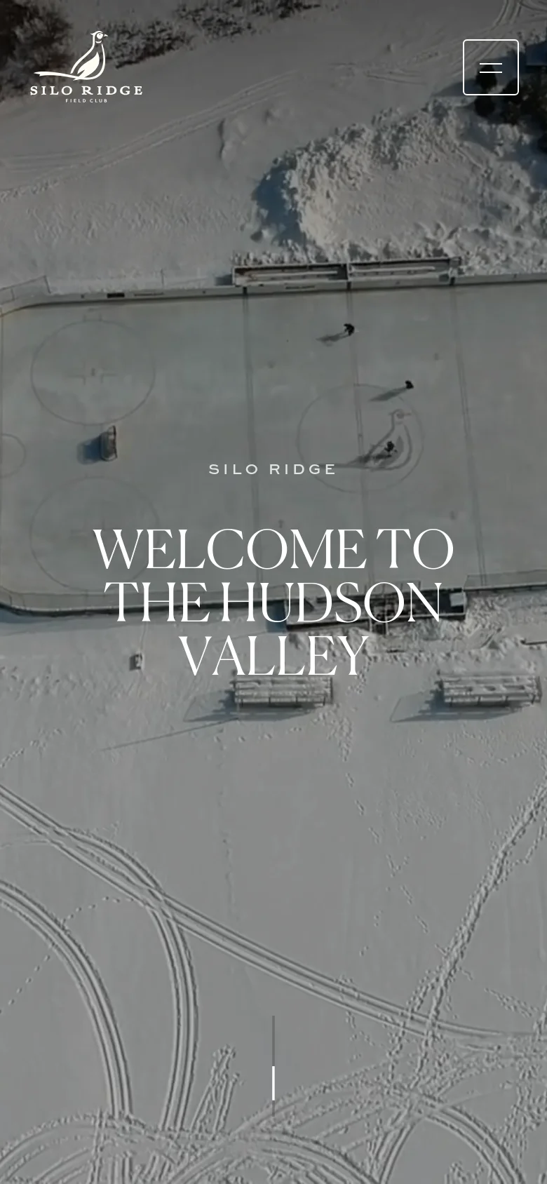 The mobile version displays the same snowy aerial hero image and central headline, but the layout is simplified. The top navigation features the Silo Ridge Field Club logo on the left and a large, prominent hamburger menu icon on the right, with the 'CONTACT US' button removed from the header.