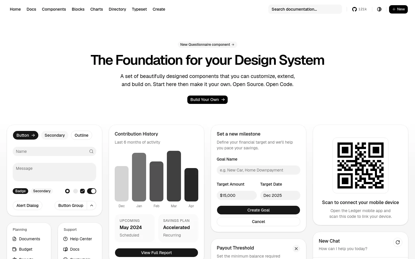 The shadcn/ui homepage features a clean, minimalist white layout with a centered headline, 'The Foundation for your Design System,' and a primary 'Build Your Own' call-to-action button. Below the hero section, a large, detailed grid showcases various UI components like buttons, badges, and complex dashboard elements such as contribution history charts and financial goal cards.