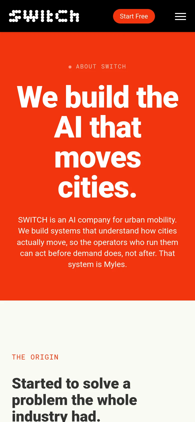 The mobile version displays a simplified header with the SWITCH logo, an orange 'Start Free' button, and a hamburger menu icon. The hero section maintains the high-contrast red background and large white headline, but the text is centered and scaled to fit the narrower vertical screen.