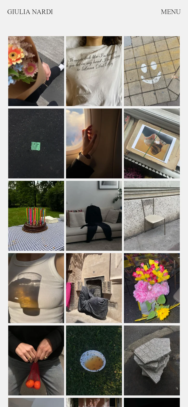The mobile version maintains the minimalist aesthetic but presents the content in a single-column vertical scroll. The header displays 'GIULIA NARDI' and 'MENU' at the top, followed by a continuous stream of large, full-width photographic images. The sidebar navigation is repositioned or simplified to accommodate the narrow screen width.