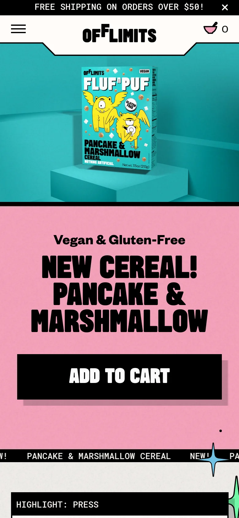 The mobile version uses a vertical layout with the cereal box centered at the top against a teal background. Below this, a large pink section features the headline 'NEW CEREAL! PANCAKE & MARSHMALLOW' and a prominent black 'Add to Cart' button. The navigation is condensed into a hamburger menu icon at the top left.