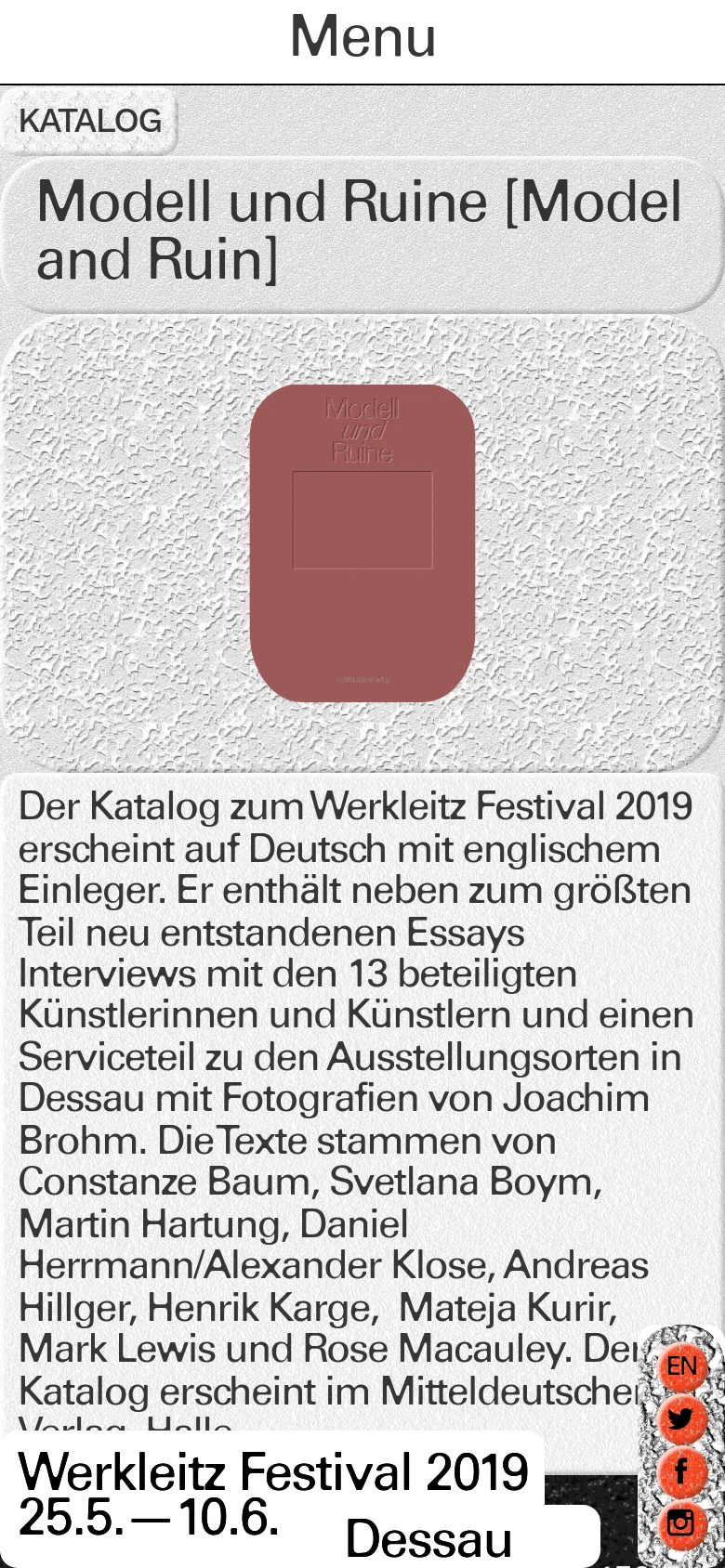 The mobile version maintains the textured white background and the central reddish-brown graphic, but the layout is vertically stacked. The large headline 'Modell und Ruine [Model and Ruin]' is positioned at the top, followed by a large block of descriptive German text, with a simplified menu and social media icons appearing at the bottom.
