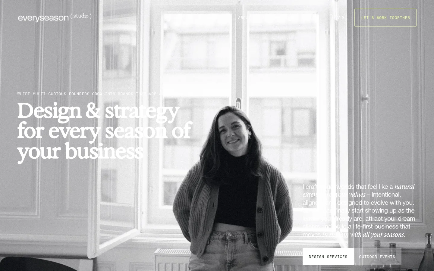 The desktop homepage features a minimalist, high-contrast black and white design with a large hero image of a smiling woman in front of a bright window. The layout includes a clean navigation bar at the top with links for 'About', 'Portfolio', and a 'Let's Work Together' button, overlaid with large serif typography and two primary call-to-action buttons at the bottom.