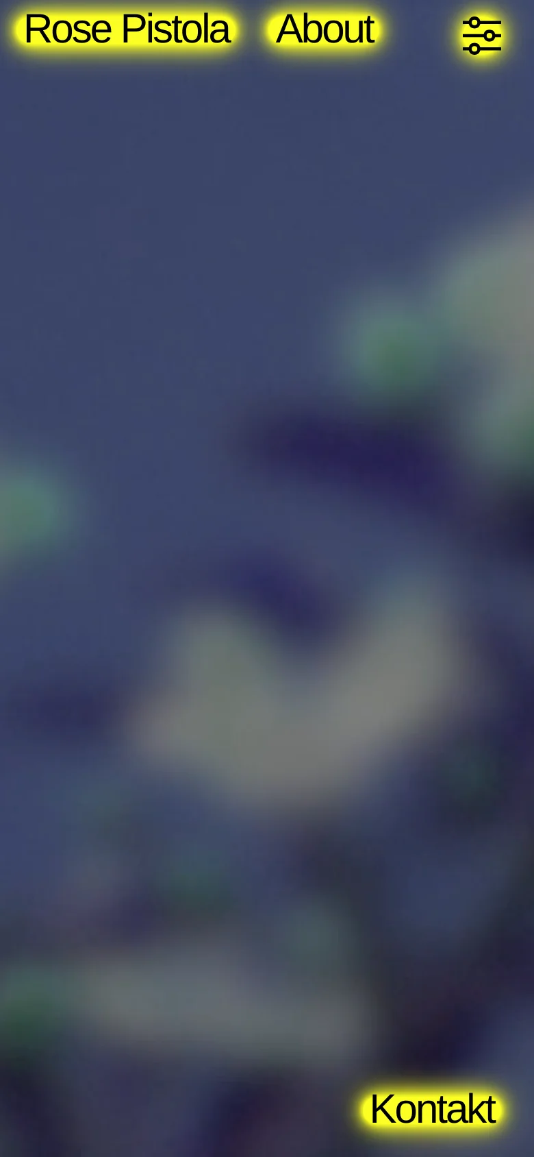 The mobile version maintains the dark blue background and yellow typography but uses a simplified layout. The navigation links 'Rose Pistola' and 'About' are positioned at the top left, with a filter icon at the top right and a 'Kontakt' button at the bottom right, focusing on a single-column view of the portfolio content.