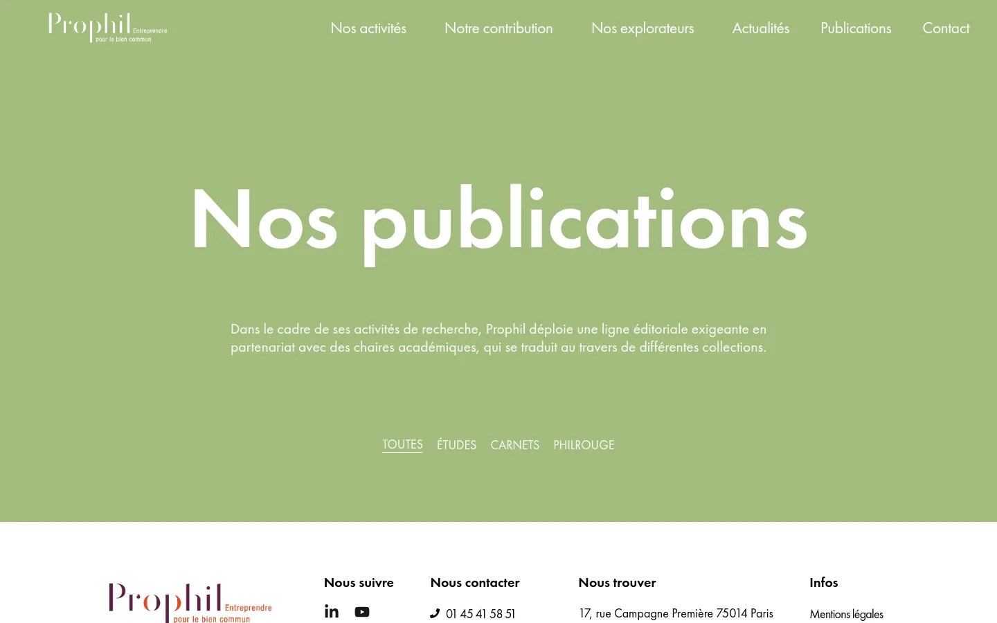The desktop version features a sage green hero section with the white headline 'Nos publications' and a brief descriptive paragraph. A horizontal navigation menu is at the top with links like 'Nos activités' and 'Publications', and a filter menu with options like 'TOUTES' and 'ÉTUDES' sits below the text. The Prophil logo is positioned in the top left corner.