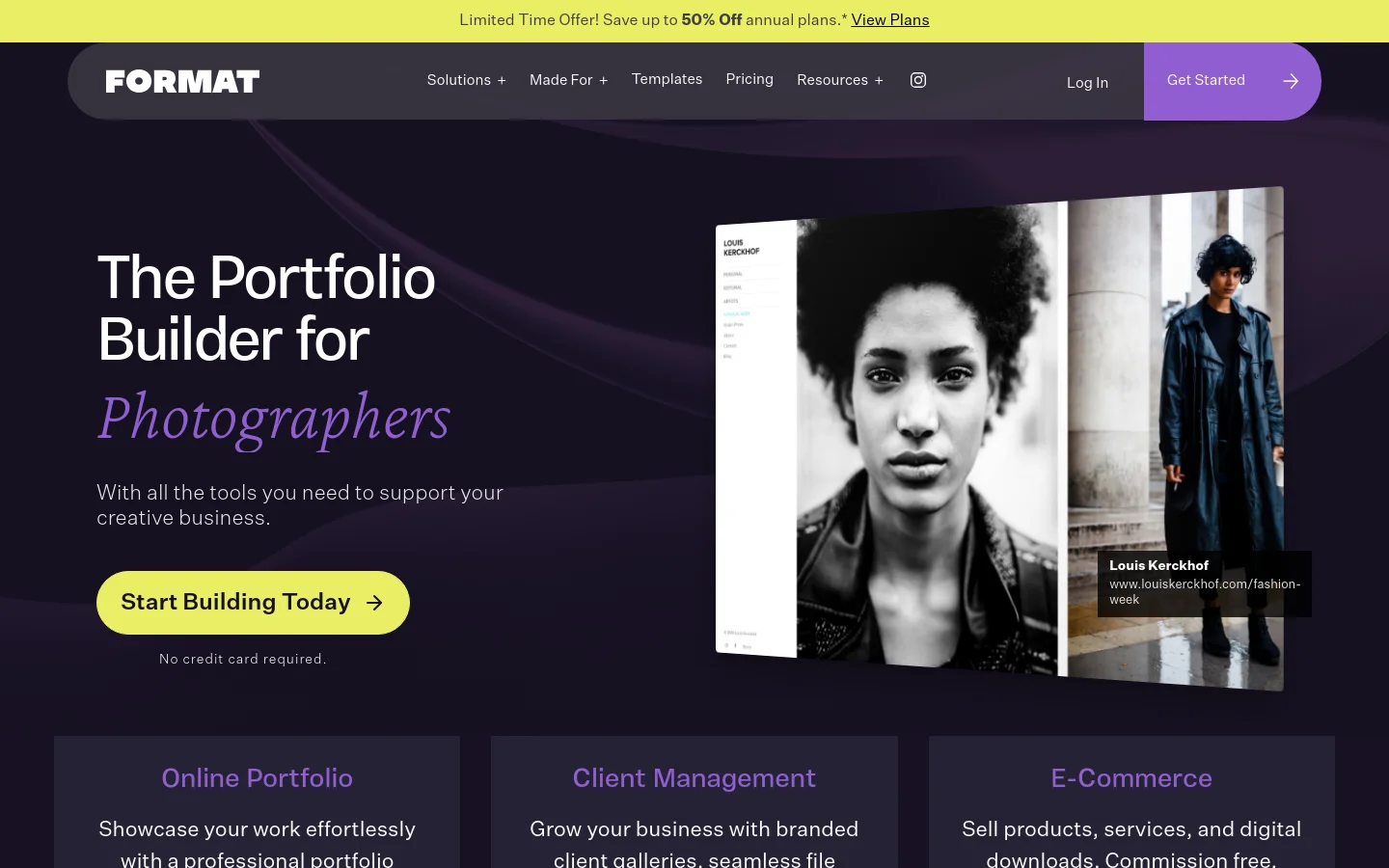 The desktop homepage features a dark purple hero section with a large headline, 'The Portfolio Builder for Photographers,' and a bright lime green 'Start Building Today' call to action button. To the right, a large diptych image shows a black and white portrait and a full-length color shot of a model. A navigation bar at the top includes the Format logo, menu links, and a 'Get Started' button.