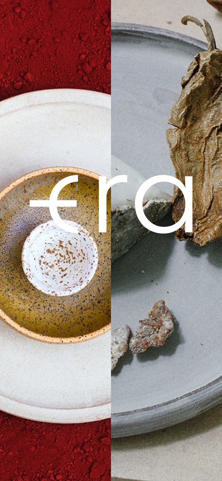 The mobile version presents a vertically stacked layout, beginning with a large, cropped hero image of textured ceramics and the brand name. The navigation is simplified, and the content flows linearly with the studio story, founder portraits, and the client list arranged in a single column for easy scrolling.