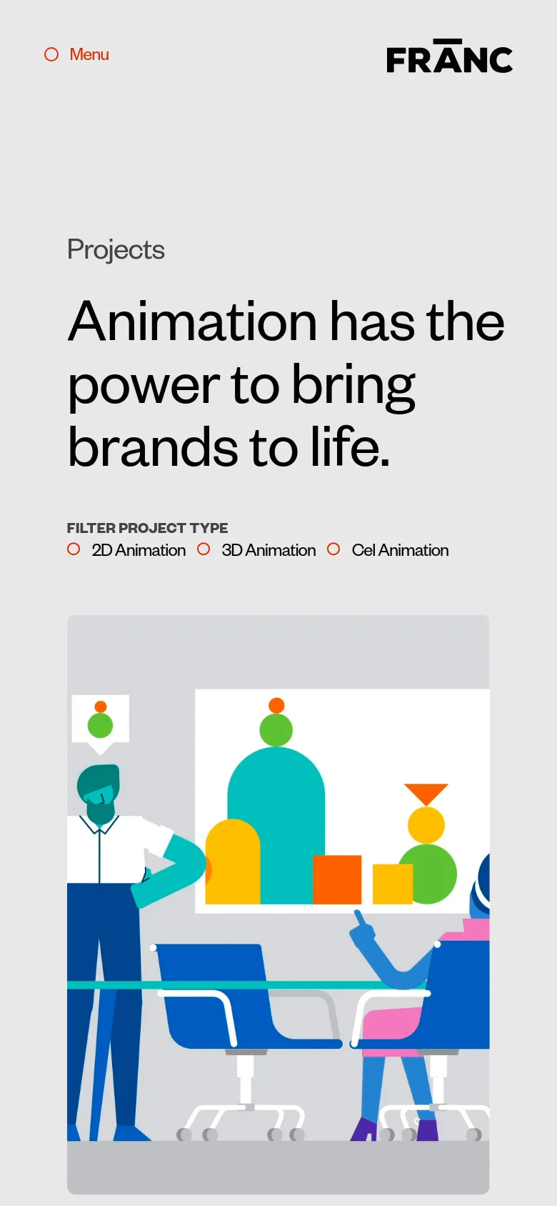 The mobile version maintains the light gray theme and large typography but uses a stacked layout. The 'FRANC' logo and 'Menu' button are positioned at the top, followed by the main headline, the project type filters, and a single-column vertical scroll of large project images.