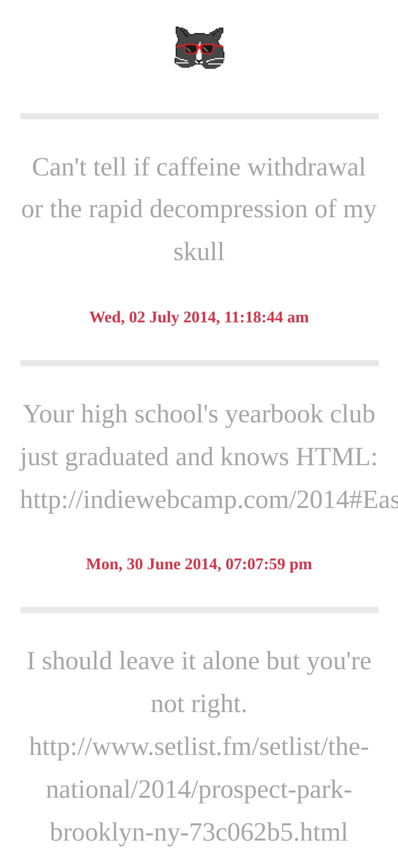 The mobile version maintains the minimalist white and gray aesthetic with a centered cat icon. The text entries and timestamps are stacked vertically in a single column, optimized for narrow screens, with the same red-colored date formatting.