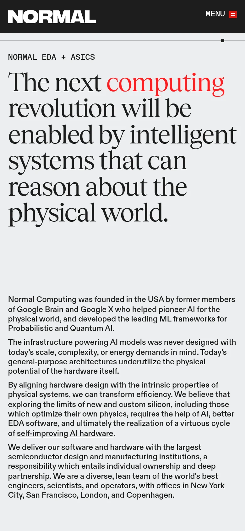 The mobile version presents a single-column vertical layout of the same content. The large hero headline is stacked vertically to fit the narrow screen, and the four columns of descriptive text are rearranged into a continuous vertical list for easier scrolling. The navigation menu is condensed into a hamburger icon at the top right.