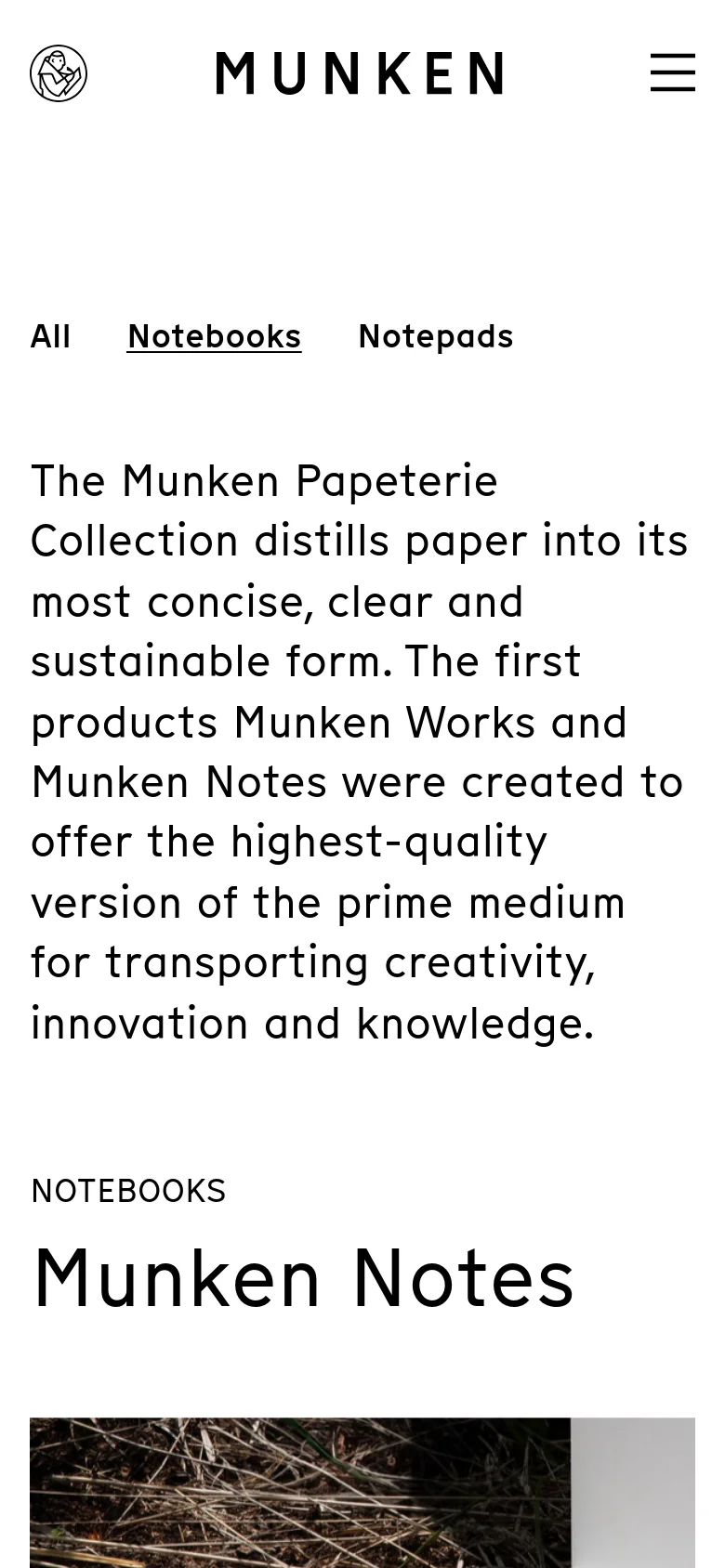The mobile version maintains the minimalist aesthetic but uses a single-column layout for easier scrolling. The navigation menu is condensed into a hamburger icon, and the text is scaled for readability on a smaller screen. Product sections and images are stacked vertically rather than in a grid.