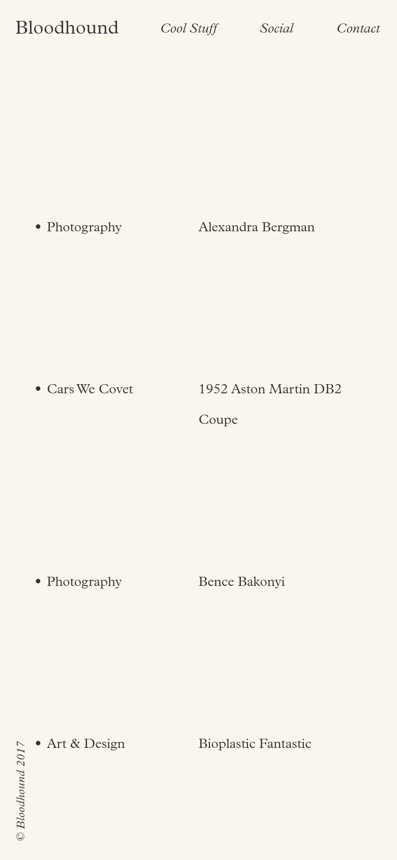 The mobile version maintains the minimalist cream and black aesthetic but shifts to a single-column vertical layout. The navigation links are spread across the top, and the blog entries, such as Photography and Art & Design, are stacked vertically for easier scrolling.