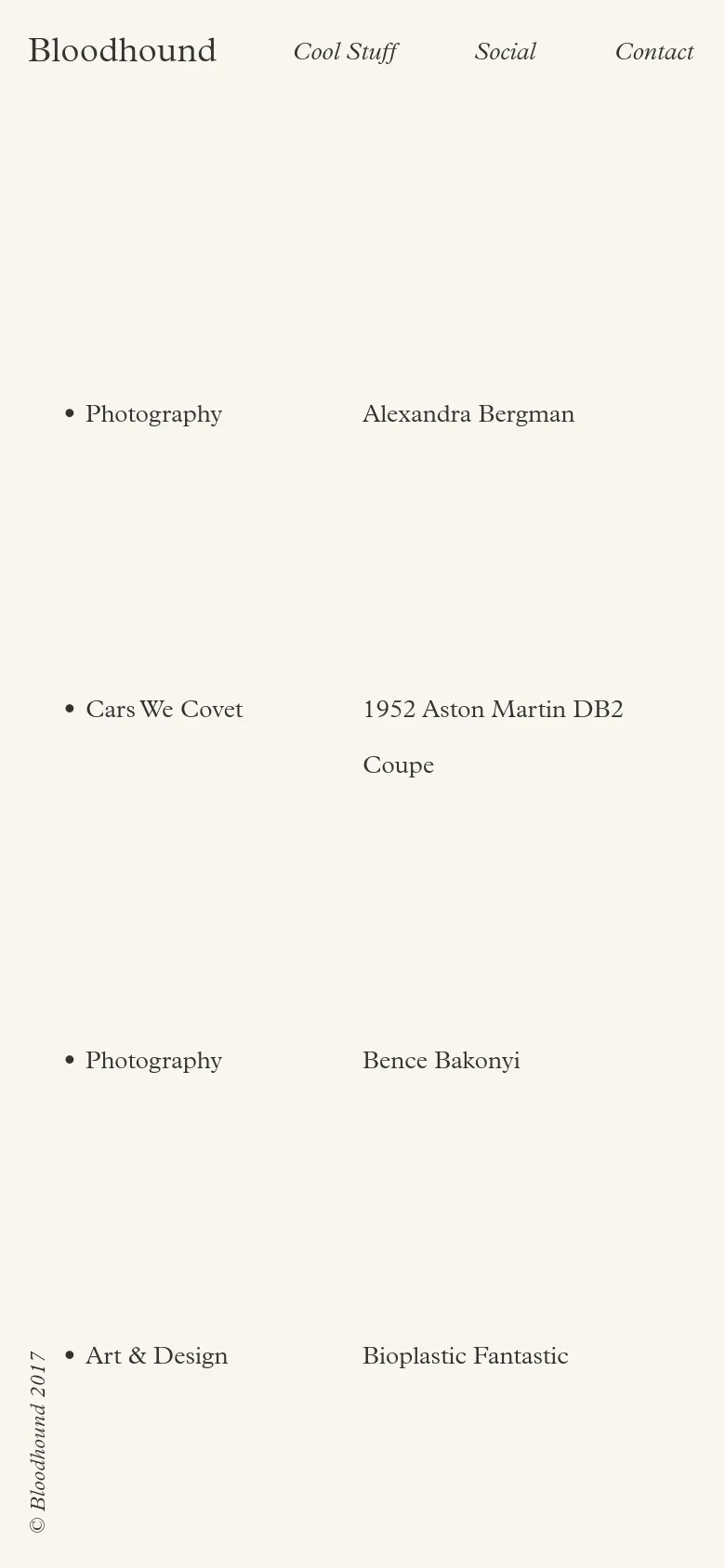 The mobile version maintains the minimalist cream and black aesthetic but shifts to a single-column vertical layout. The navigation links are spread across the top, and the blog entries, such as Photography and Art & Design, are stacked vertically for easier scrolling.