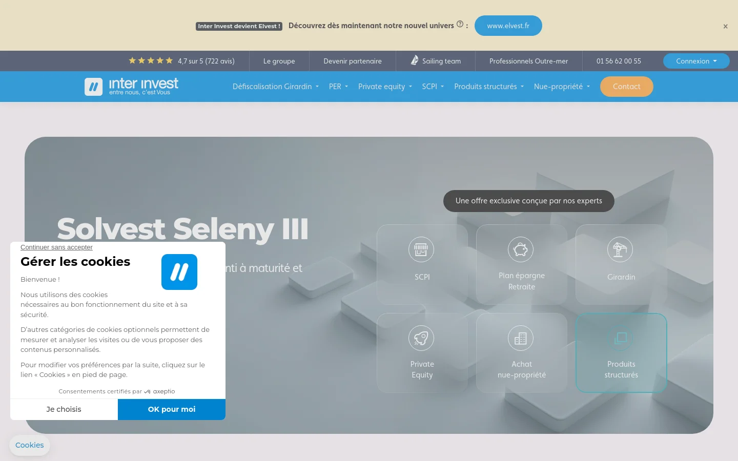 The desktop homepage features a blue and white header with a navigation menu including 'Défiscalisation Girardin' and 'Private equity', alongside a prominent orange 'Contact' button. The hero section displays a large grey banner with the headline 'Solvest Seleny III' and several interactive tiles for investment products like SCPI, Girardin, and Private Equity. A cookie consent overlay is visible in the bottom left corner.