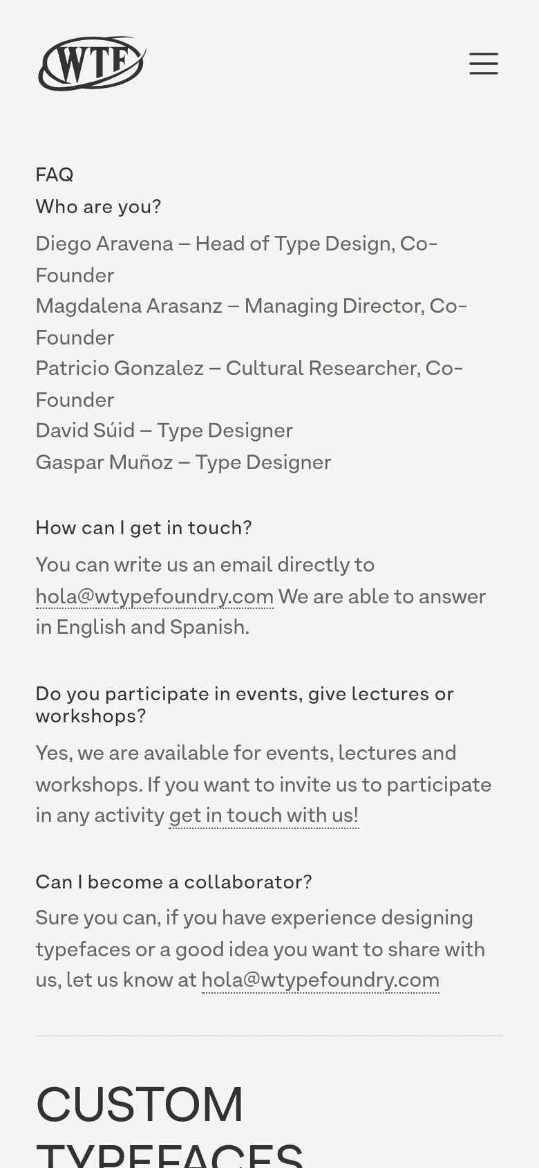 The mobile version simplifies the layout with a centered WTF logo and a hamburger menu icon for navigation. The content follows a single-column vertical scroll, displaying the FAQ, Custom Typefaces, and company information in a clear, text-heavy format optimized for small screens.