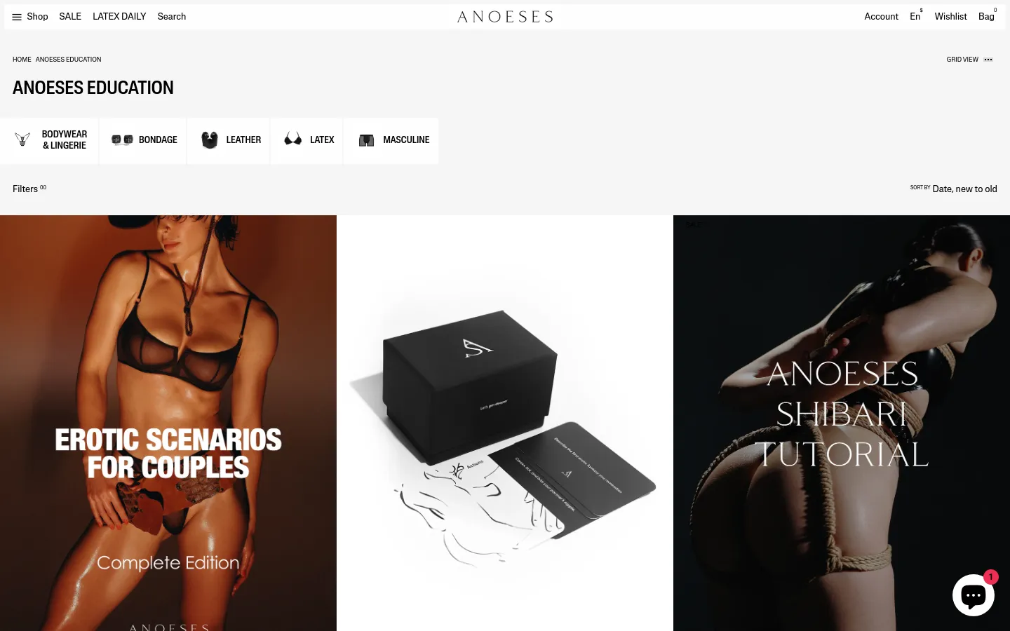 The desktop version of the Anoeses Education page features a clean, white layout with a header containing navigation links and the brand logo. Below the 'Anoeses Education' headline, a grid of category tiles includes Bodywear & Lingerie, Bondage, Leather, Latex, and Masculine, each with a minimalist icon. A product grid follows, displaying items like 'Erotic Scenarios for Couples' and 'Let's Get Deeper Card Game' with large images, titles, and prices.