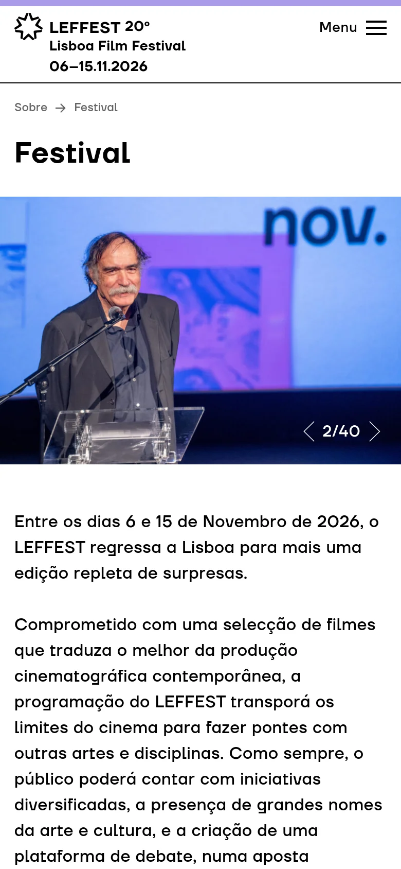 The mobile version presents a vertically stacked layout with the LEFFEST logo and a hamburger menu icon at the top. The 'Festival' headline is followed by a full-width image carousel showing a man at a podium, which occupies most of the initial viewport. The text content is positioned below the image, optimized for single-column scrolling.