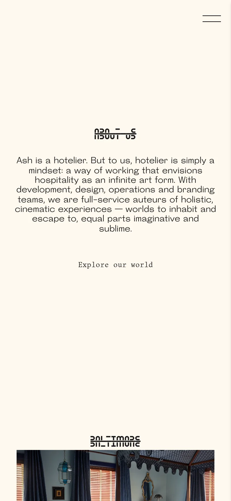 The mobile version maintains the minimalist cream and black aesthetic but utilizes a vertical layout. The text is centered and scaled for a smaller screen, and the navigation is condensed into a hamburger menu icon in the top right corner.