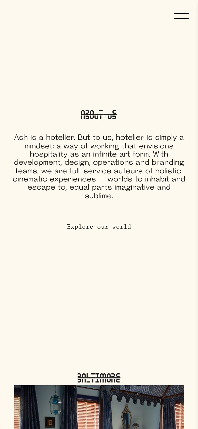 The mobile version maintains the minimalist cream and black aesthetic but utilizes a vertical layout. The text is centered and scaled for a smaller screen, and the navigation is condensed into a hamburger menu icon in the top right corner.