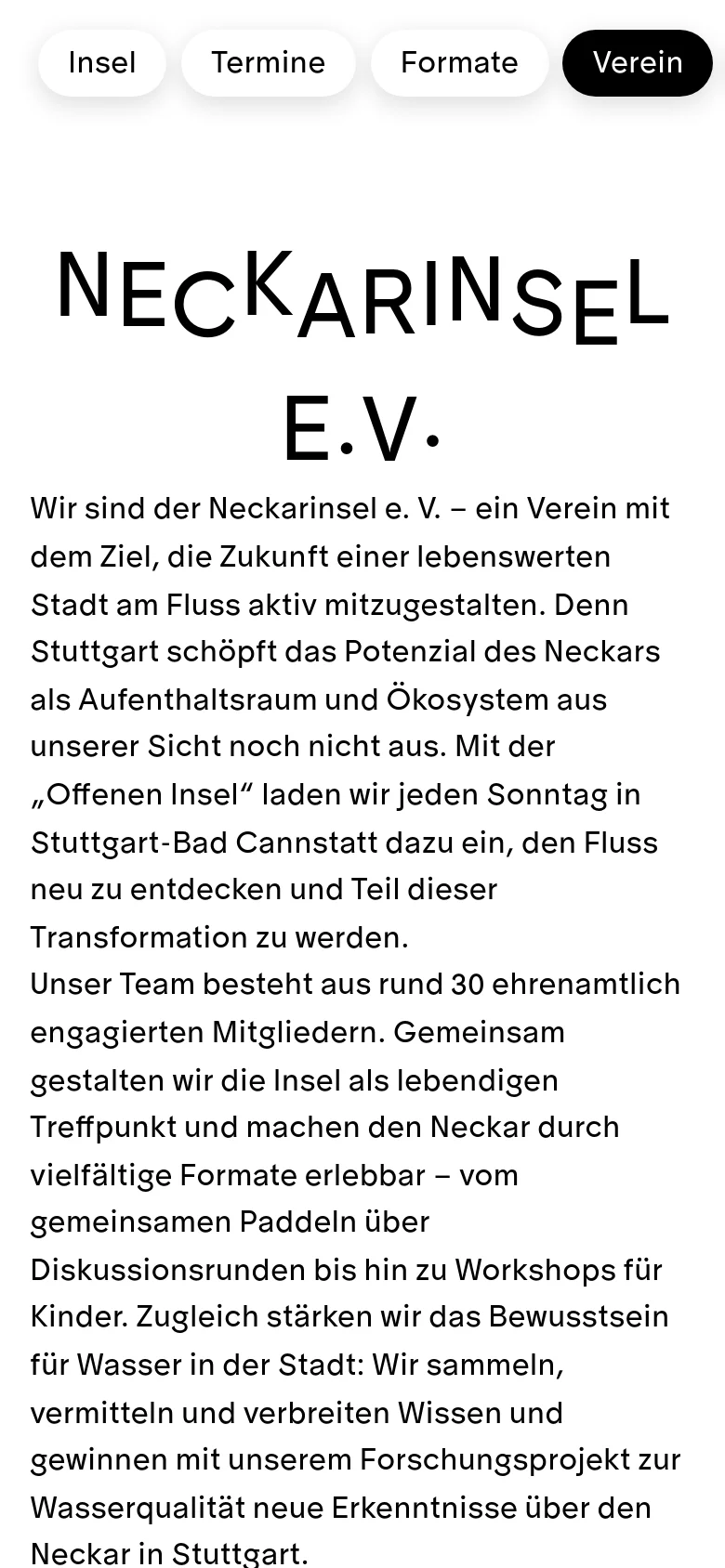 The mobile version displays the same content in a single-column vertical layout. The large 'NECKARINSEL E.V.' headline and descriptive text appear first, followed by a navigation menu at the bottom with rounded buttons. The group photo is positioned below the introductory text, optimized for a narrow screen.