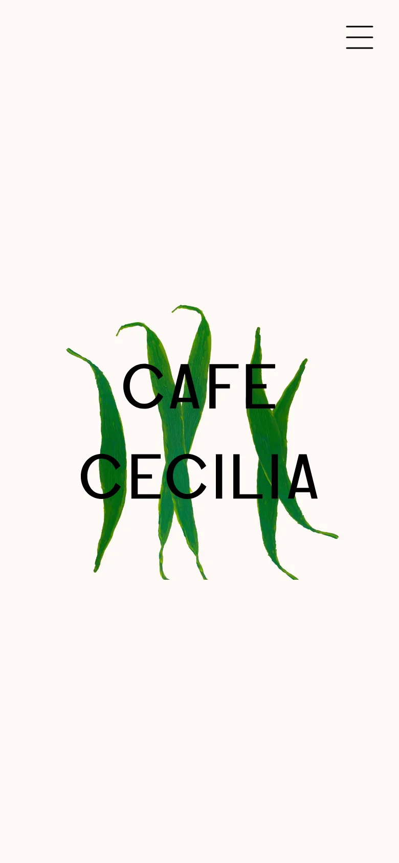 The mobile version maintains the minimalist cream background and central logo with black text over green leaves. The left-side navigation menu is replaced by a three-line hamburger menu icon in the top right corner.