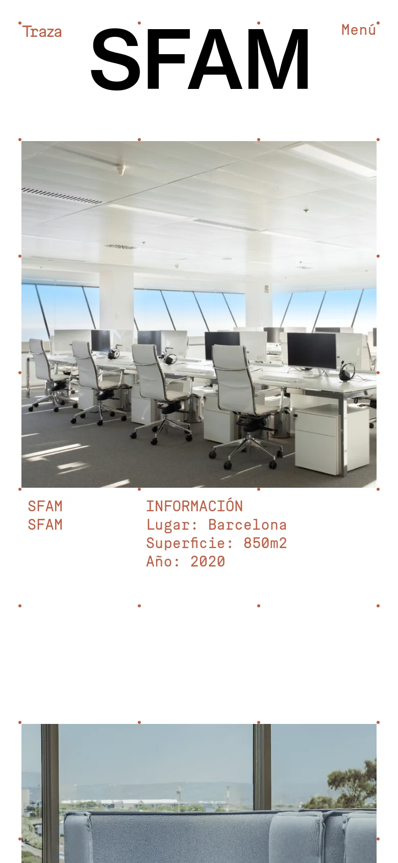 The mobile version presents a simplified, vertical layout optimized for smaller screens. The large project imagery is stacked vertically, and the text information, such as project names and details like location and surface area, is positioned clearly below or overlaid on the images to ensure readability in a single-column format.