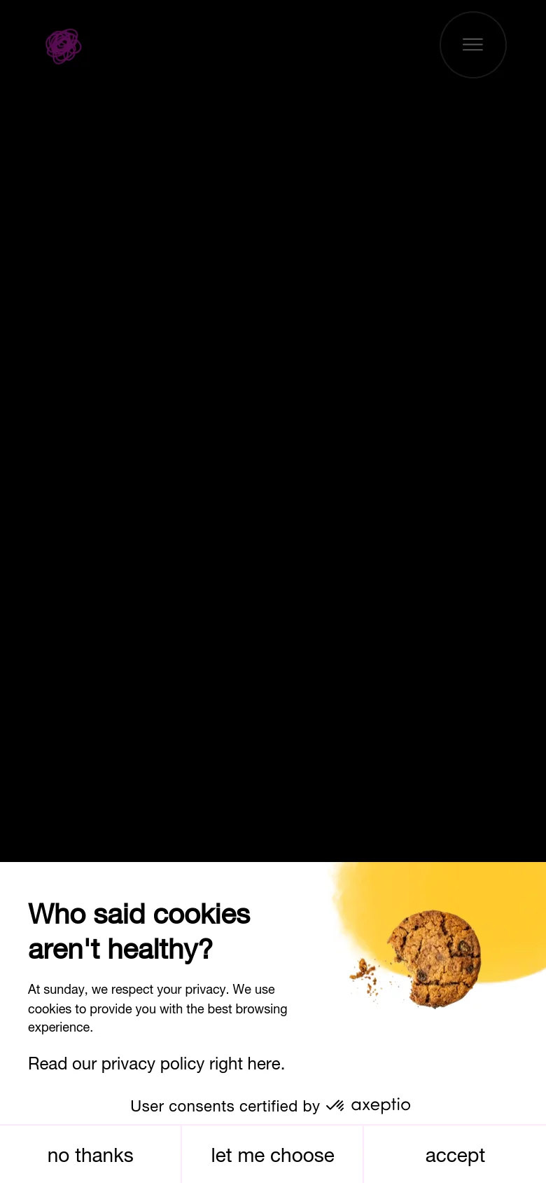 The mobile version maintains the dark theme and the cookie consent banner at the bottom, but the layout is condensed. The navigation menu is hidden behind a circular hamburger icon in the top right corner, while the cookie banner spans the width of the screen with stacked or simplified button options.