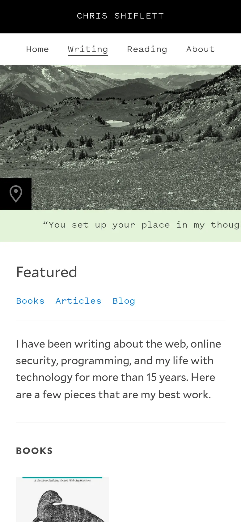 The mobile version presents a stacked layout starting with a black-and-white mountain landscape hero image. Below the image, the 'Featured' heading and introductory text appear, followed by navigation links for Books, Articles, and Blog, and then the 'Books' section with book covers and links.